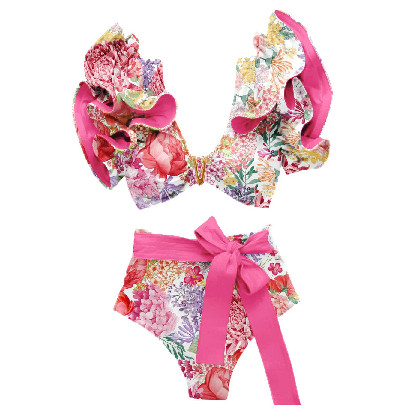 V-Neck High Waist Bikini Sets Shoulder Ruffled Printed Swimsuit Two Piece Swimwear Bathing Suits The Clothing Company Sydney