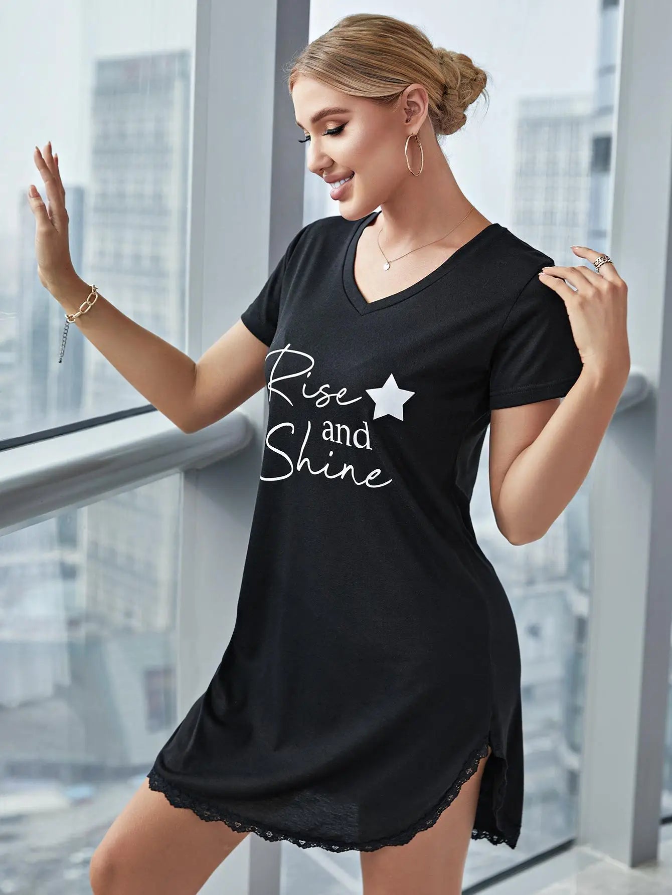 Summer Sleepwear Women Lace Hem Nightdress V-neck Short Sleeve Pajamas Nighties Nightgown Nightwear Side Split Skirt - The Clothing Company Sydney