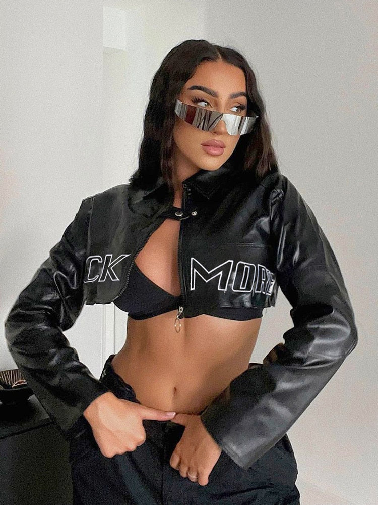 Streetwear Fashion Grunge Zip Up Black PU Leather Jacket Female Letter Embroidery Autumn Coat Motorcycle Jacket Crop Top The Clothing Company Sydney
