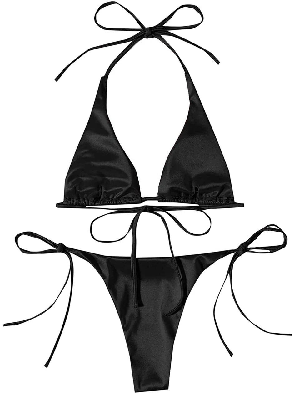 Metallic Halter Triangle Swimsuit Women Swimwear Bathing Suits Brazilian Thong Micro Bikinis Set Beach Wear