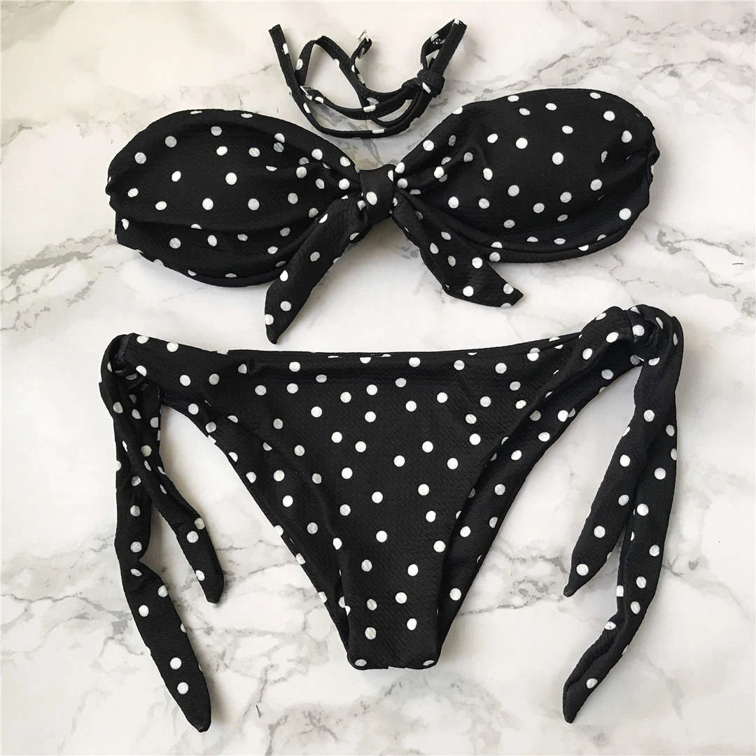 Polka Dot Knotted Bandeau Brazilian Bikini Women Swimwear Female Swimsuit Two-pieces Bikini set Bather Bathing Suit - The Clothing Company Sydney