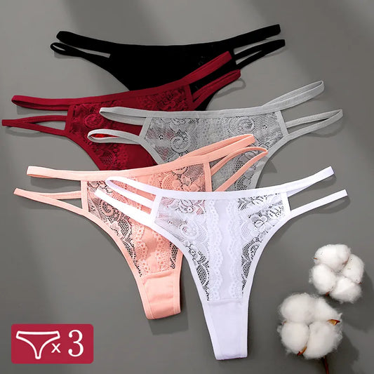 3 Pack Lace Hollow Out Thongs Women Panties Low Waist Transparent G-String Underwear Breathable Intimates Lingerie - The Clothing Company Sydney
