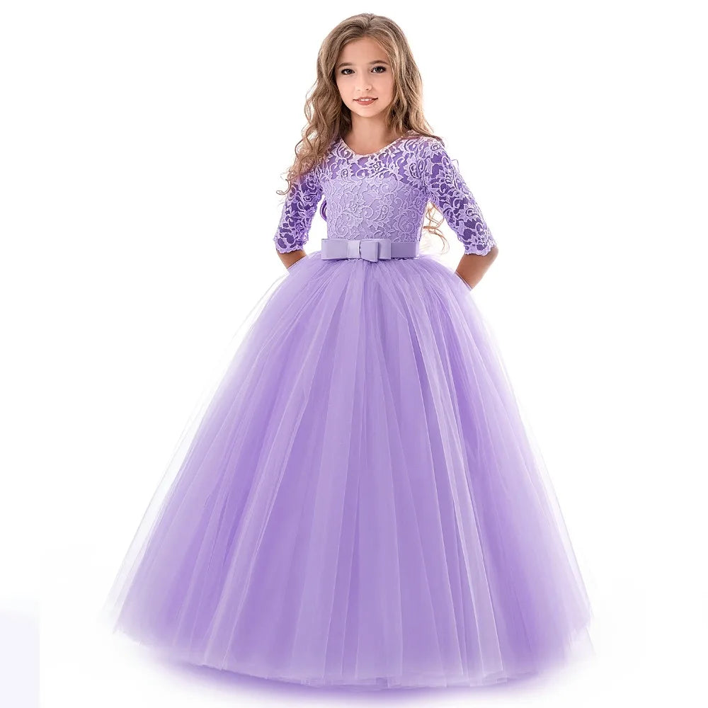 Lace Princess Dress for Girls Long Sleeve Wedding Party Gown Birthday Children Tulle Dress Teenage Formal Long Dress - The Clothing Company Sydney