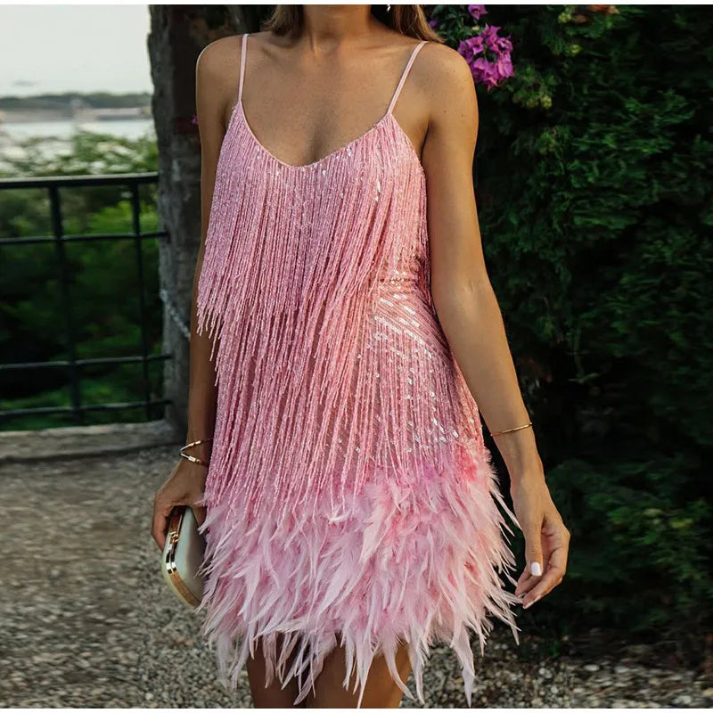 Tassel Sequins Feather Mini Dress Women's Spaghetti Strap Stitching Elegant Evening Party Club Dress - The Clothing Company Sydney