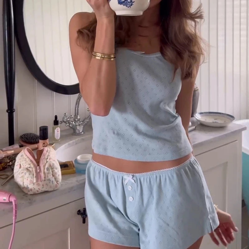 Comfy 2 Piece Pajama Set Retro Bow Sleeveless Camis Crop Tops + Shorts Y2K Women Sleepwear Loungewear - The Clothing Company Sydney
