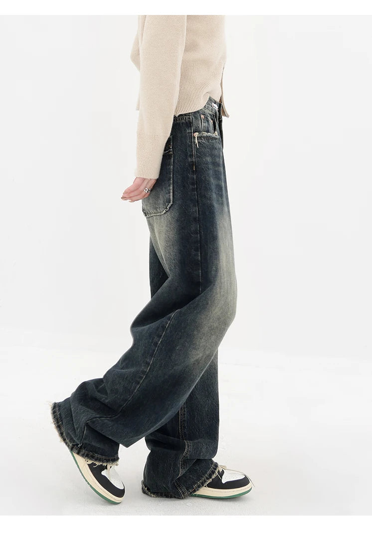 Women's Streetwear Retro High Waist Jeans Loose Wide Leg Denim Trousers Y2K Baggy Pants