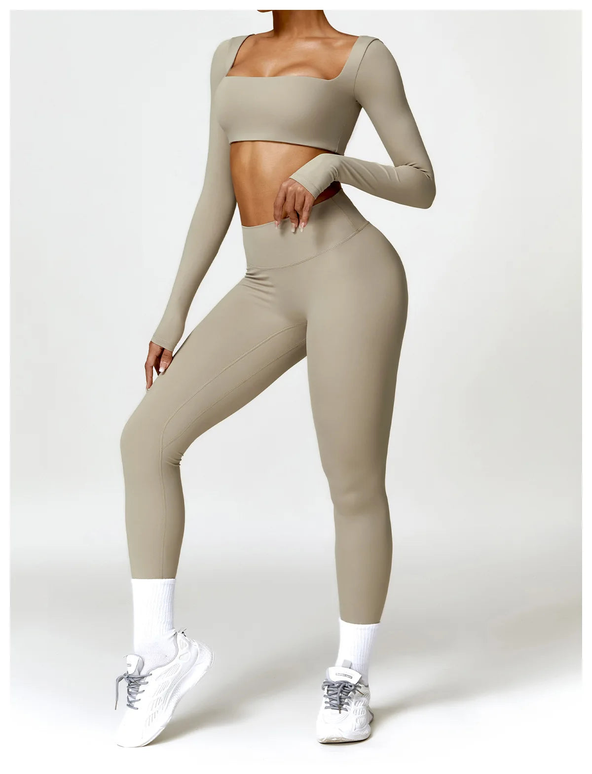 2 Piece Long Sleeve Gym Set Women Yoga Clothes Quick-Drying Sportswear Running Leggings Workout Sports Crop Top Shorts