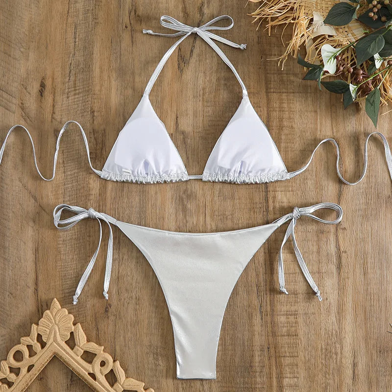 2 Piece Shiny Triangle Micro Thong Bikinis Sets Swimsuit Mini Swimwear Bathing Swiming Suits - The Clothing Company Sydney