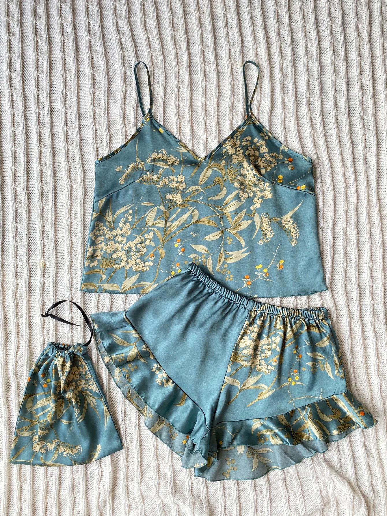 Women's Floral Cami Pyjama Set with Matching Bag – Ruffle Hem Shorts Sleepwear - The Clothing Company Sydney