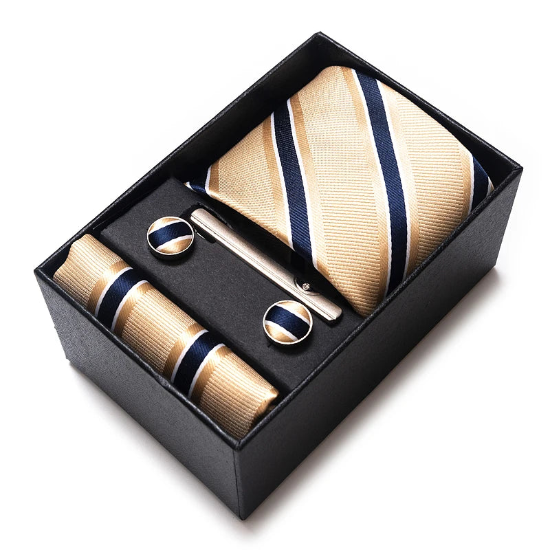 4 Piece Tie Handkerchief Cufflink Set For Men Necktie Holiday Gift Box Blue Gold Suit Accessories Slim Wedding Set The Clothing Company Sydney