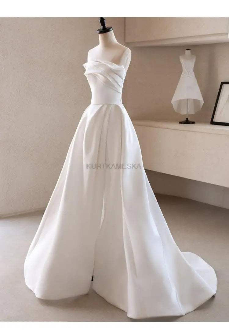 Luxury White Satin Trailing Wedding Dresses Women Elegant Strapless Long Prom Party Bridal Dress - The Clothing Company Sydney