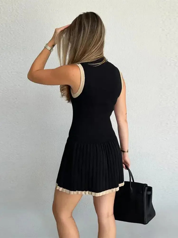 Women's Knitted O-neck Mini Dress Elegant Sleeveless High Waist Pleated Dresses - The Clothing Company Sydney