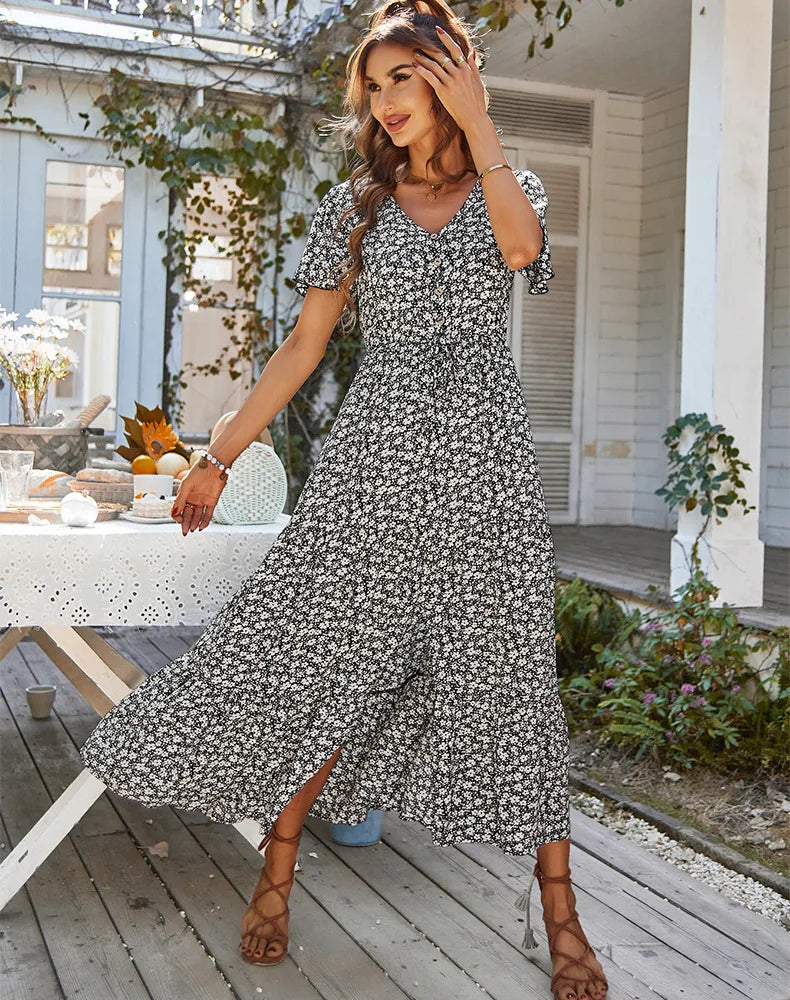 Vintage Floral Dresses for Women Elegant Loose Slit Summer Beach Holiday Leisure Long High Waist Print Dress - The Clothing Company Sydney