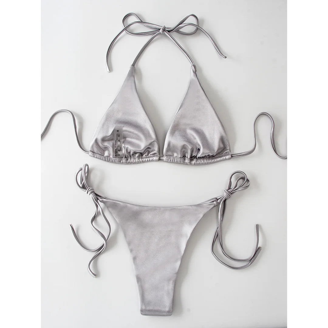 Halter Satin Brazilian Bikini Women Swimwear Female Swimsuit Two-piece Bikini set Bather Bathing Suit The Clothing Company Sydney