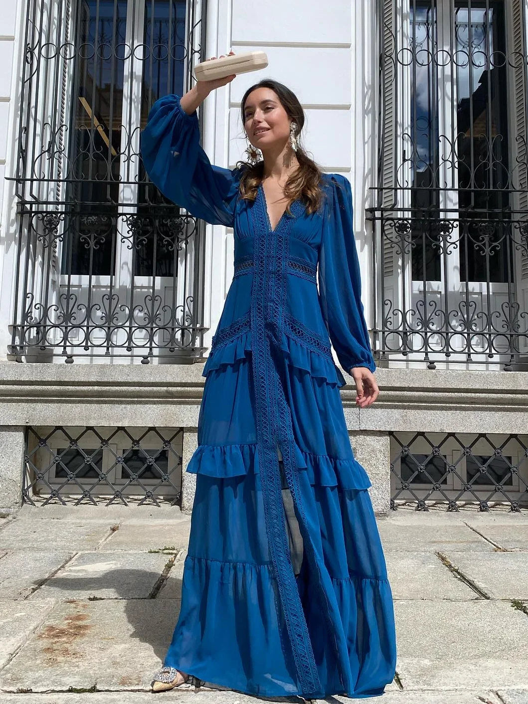 Women V-neck Lantern Long Sleeves Maxi Dress Elegant Patchwork Ruffles Hollow Lace Slim Summer Dress - The Clothing Company Sydney