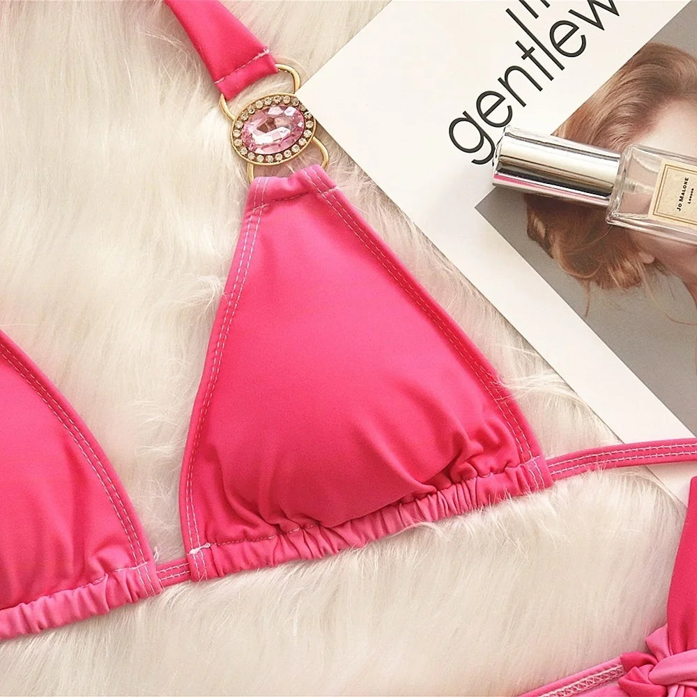 2 Piece Rhinestone Swimsuit Crystal Thong String Bikini Set Swimwear Beach Wear Bathing Suit - The Clothing Company Sydney