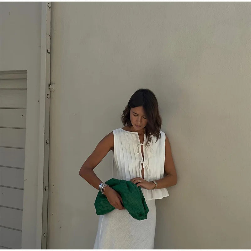 Elegant White Set 2 Piece Woman Chic Lace Up O Neck Ruffled Edge Short Matching Set Summer Street Outfit - The Clothing Company Sydney