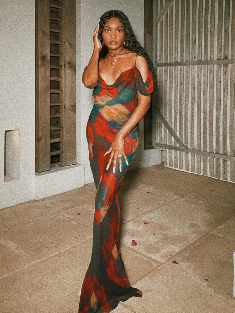 Spaghetti Strap Cold Shoulder Vacation Print Boho Dress Tunic Women Summer Clothes Beach Wear Swim Suit Cover Up Dress The Clothing Company Sydney