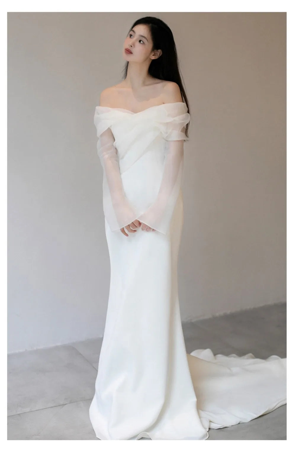 One Shoulder Satin Light Wedding Dress with Simple and Slim Fit Sweet Long Sleeved Bride Evening Gown - The Clothing Company Sydney