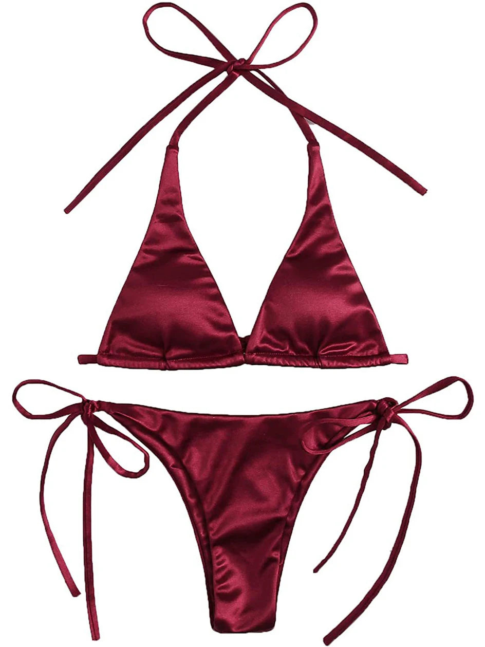 Metallic Halter Triangle Swimsuit Women Swimwear Bathing Suits Brazilian Thong Micro Bikinis Set Beach Wear - The Clothing Company Sydney