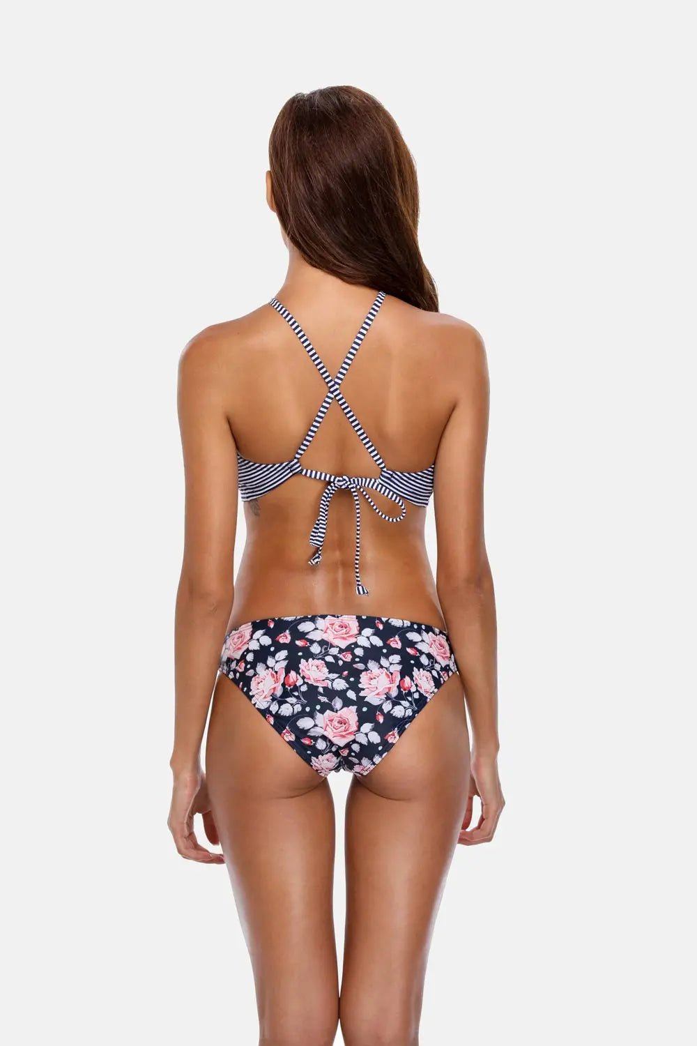 Women's Striped Bikini Set High Neck Swimsuit Vintage Floral Swimwear Strappy Bathing Suit Padded Beachwear - The Clothing Company Sydney