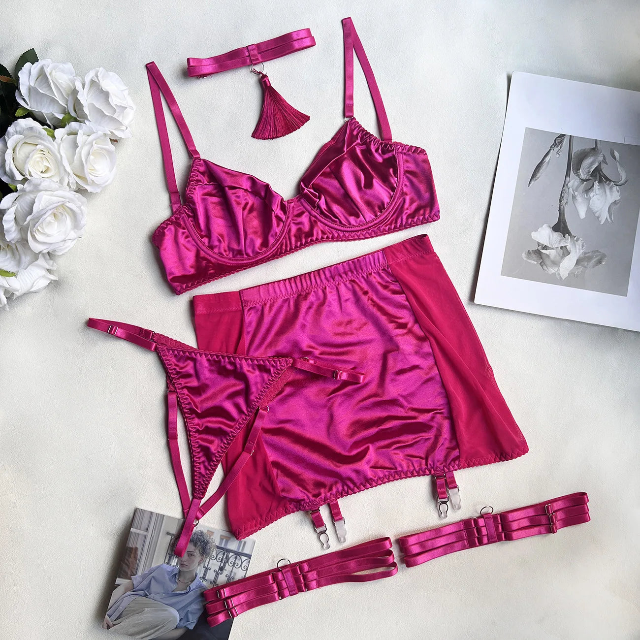 5 Piece Satin Lingerie Underwear Lace Seamless Intimate Skirt Bra And Briefs Outfit Set - The Clothing Company Sydney
