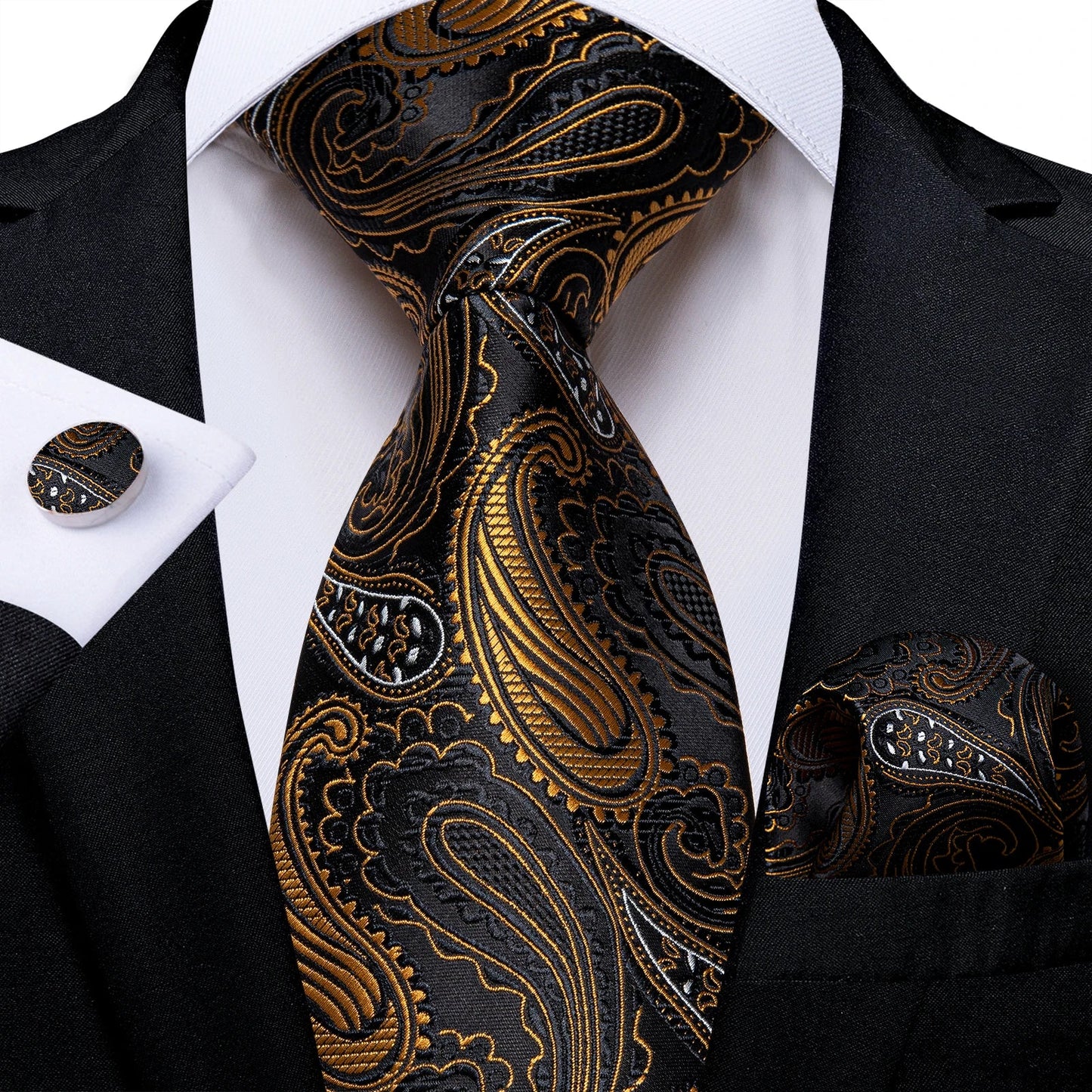 Luxury Black & Gold Paisley Silk Tie Set – Men's Necktie, Pocket Square & Cufflinks Gift The Clothing Company Sydney