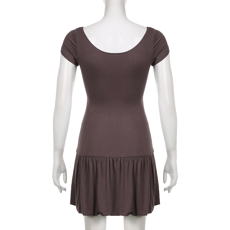 Brown Vintage Y2K Folds Slim Summer Mini Dress for Women Round Neck Dress The Clothing Company Sydney