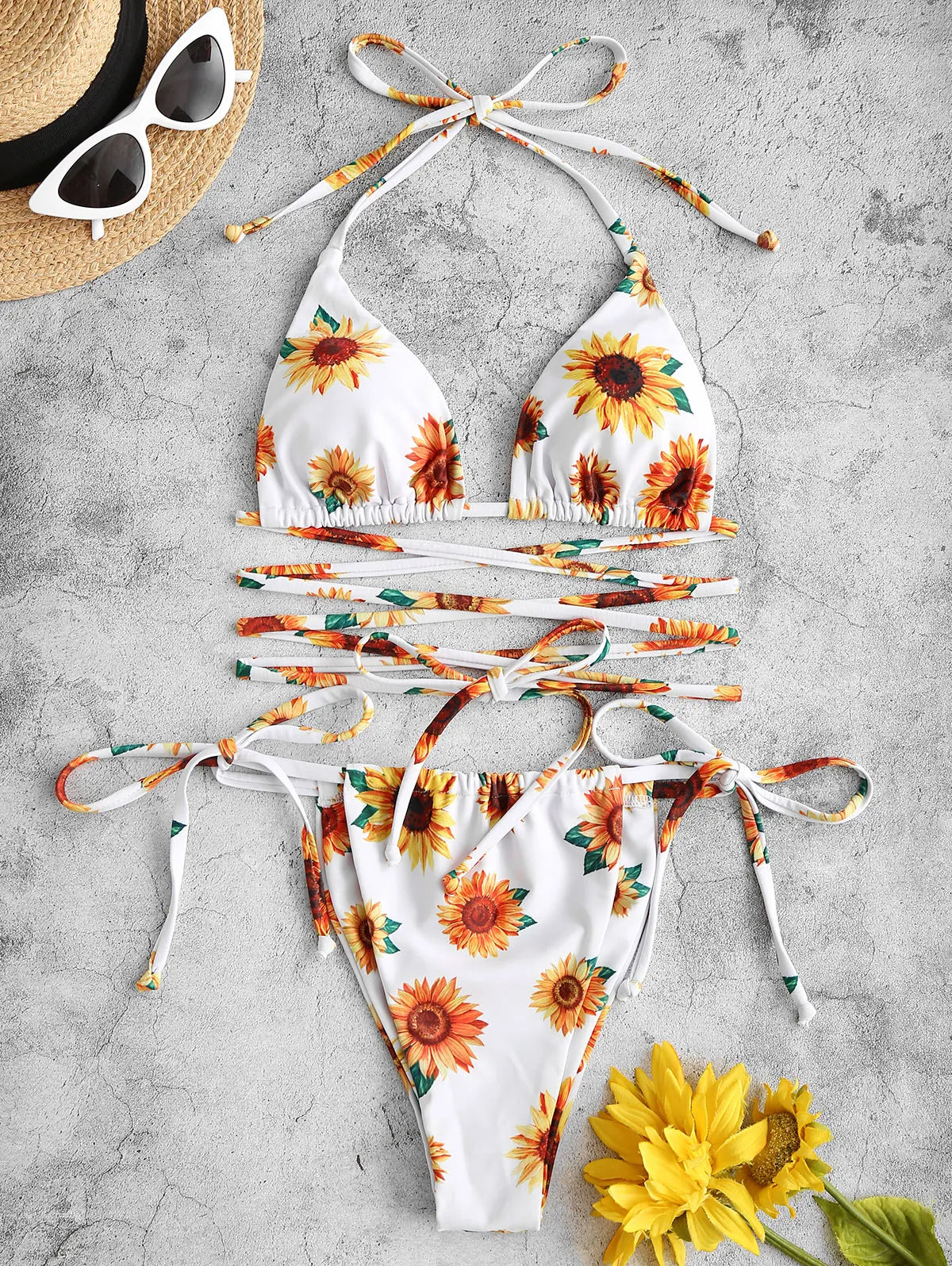 2 Piece Sunflower Print Tie Floss Bikini Swimwear - The Clothing Company Sydney