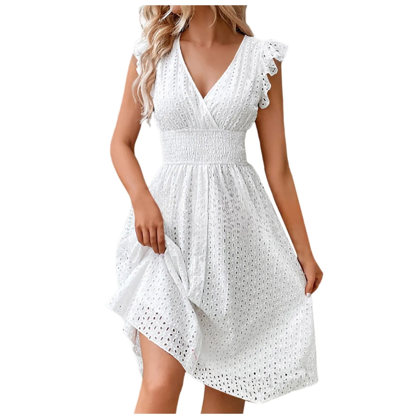 Summer Women's Vacation Short Dress V Neck Flare Sleeve Hollow Lace Waist Casual Beach Holiday Dresses - The Clothing Company Sydney