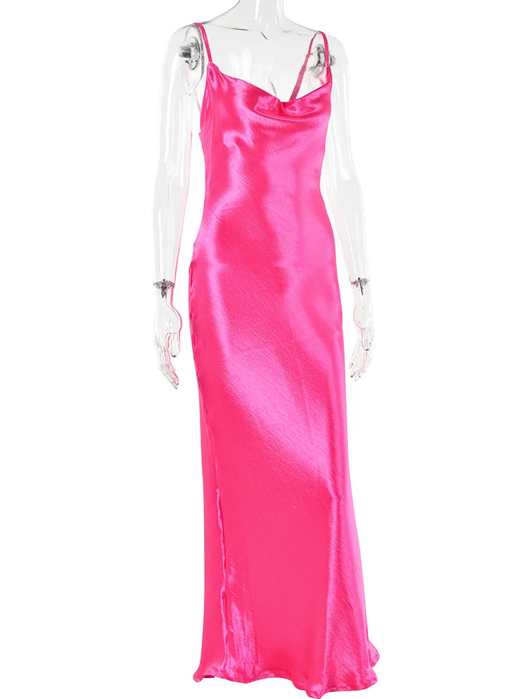 Spaghetti Strap Backless Summer Dress Women Satin Long Dress Elegant Bodycon Party Dresses - The Clothing Company Sydney