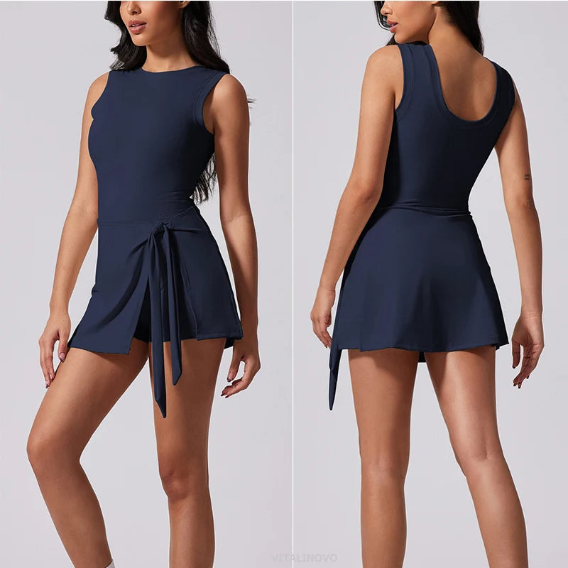 Women's Tennis Dress with Built in Shorts Athletic Dresses Sleeveless Boat Neck Active Workout Skort Dress - The Clothing Company Sydney