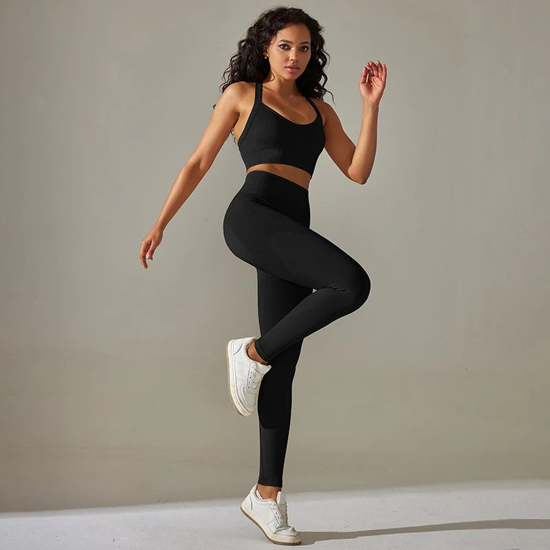 Cross Back Strap Yoga Set Women High Waist Leggings Running Workout Suits Sportswear Seamless Fitness Clothes Tracksuit Set - The Clothing Company Sydney