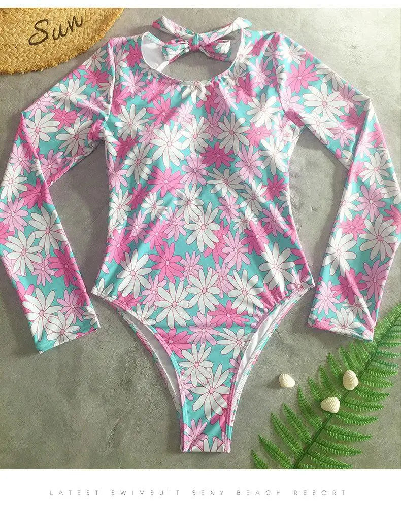 Women Print Floral One Piece Swimsuit Long Sleeve Bathing Suit Swimsuit Vintage Beachwear Surfing Swim Suit - The Clothing Company Sydney