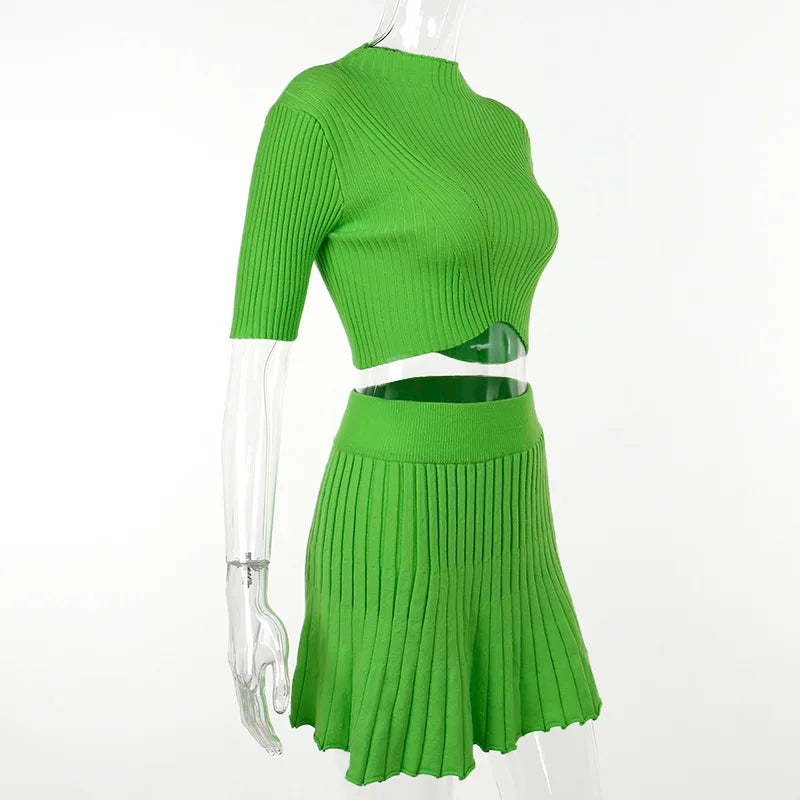 Elegant Knitted Dress Pleated Matching Outfits for Women Winter Mini Skirts 2 Piece Sets - The Clothing Company Sydney