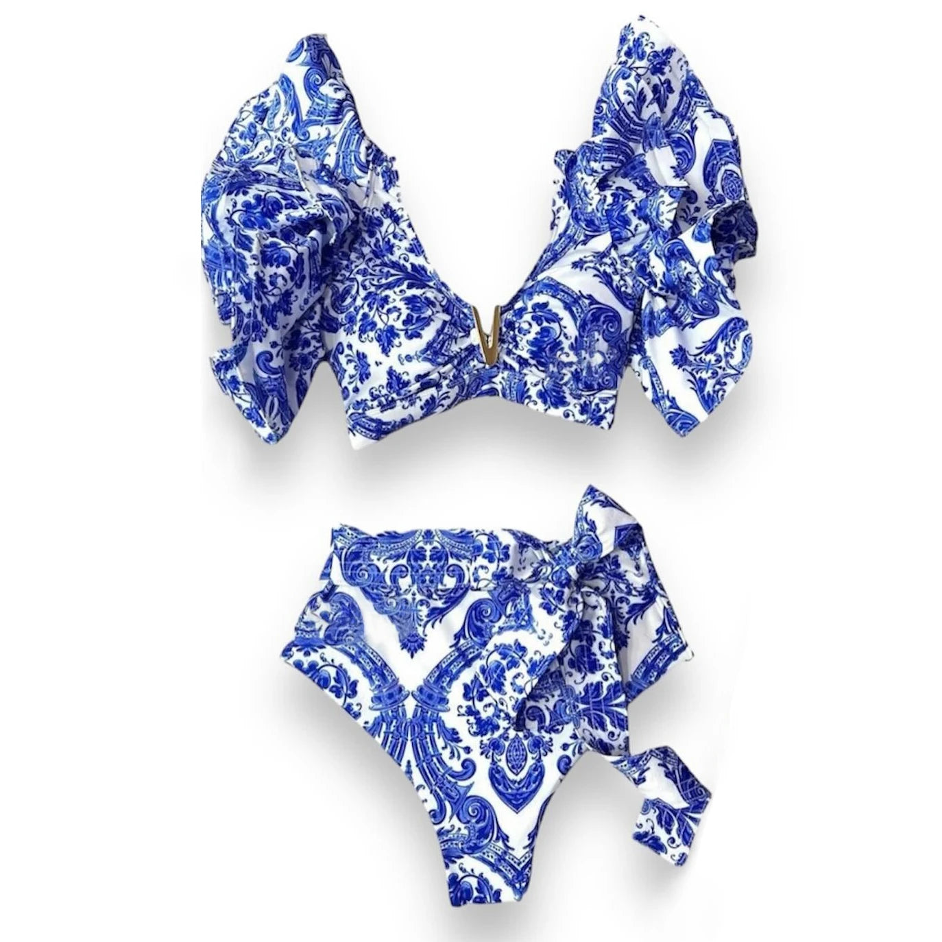 V-Neck High Waist Bikini Sets Shoulder Ruffled Printed Swimsuit Two Piece Swimwear Bathing Suits The Clothing Company Sydney