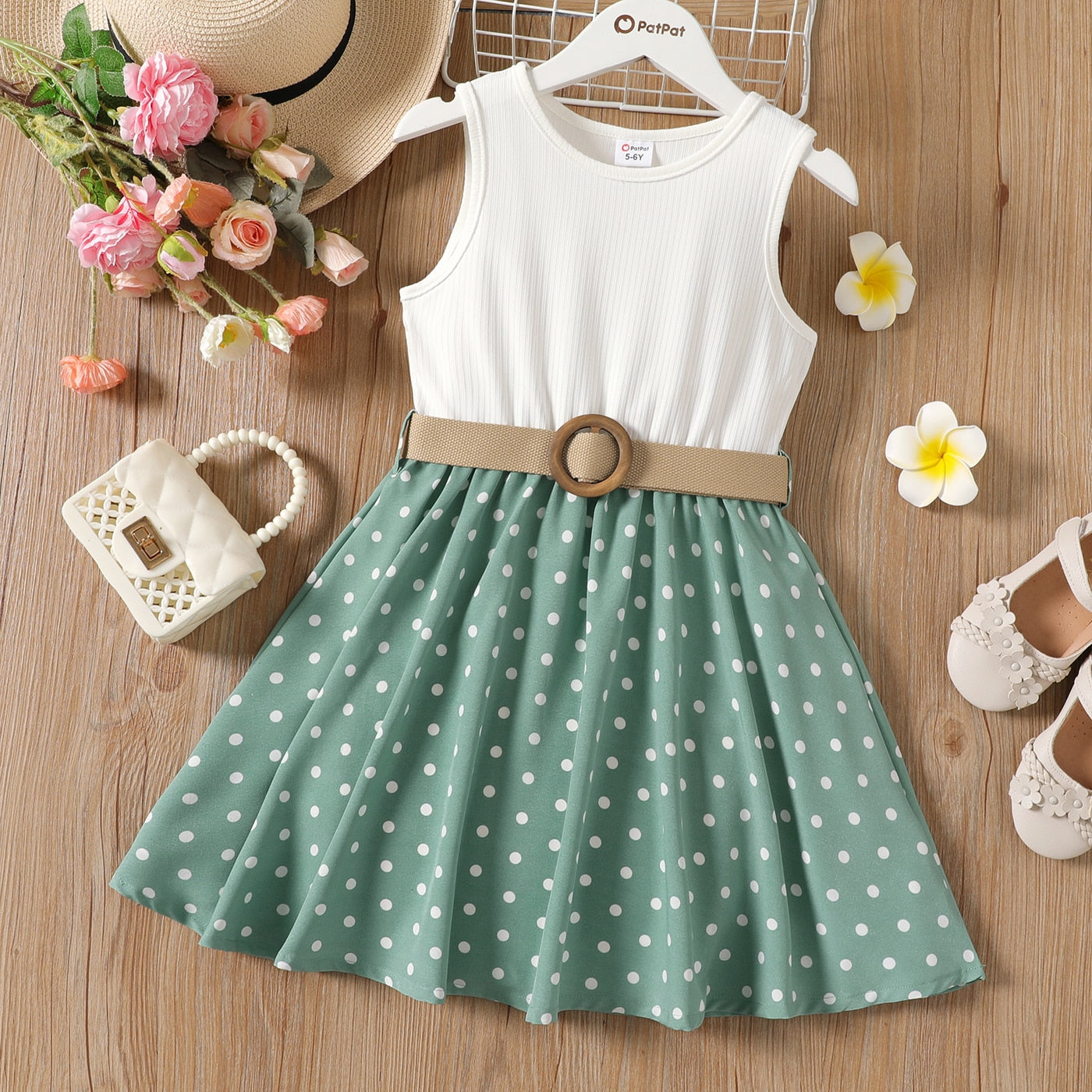 2 Piece Girl Dresses Kids Clothes Girl Polka Dots Ribbed Girls Splice Sleeveless Dress & Belt The Clothing Company Sydney