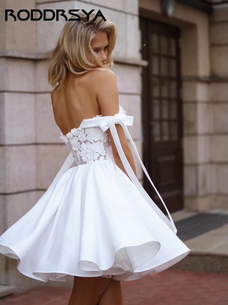 Mini Simple Satin Wedding Dress Off Shoulder 3D Flower Sweetheart Lace A-line Custom Made Bridal Part Dress The Clothing Company Sydney