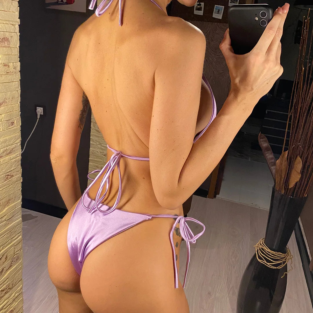 Halter Satin Brazilian Bikini Women Swimwear Female Swimsuit Two-piece Bikini set Bather Bathing Suit The Clothing Company Sydney