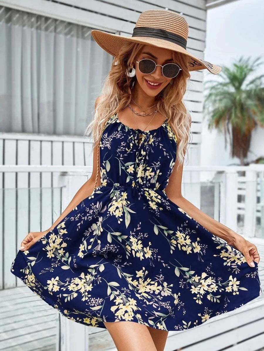 Floral Print Short Dress Women Summer Backless Beach Sundress Casual Sleeveless Lace-up Dresses - The Clothing Company Sydney
