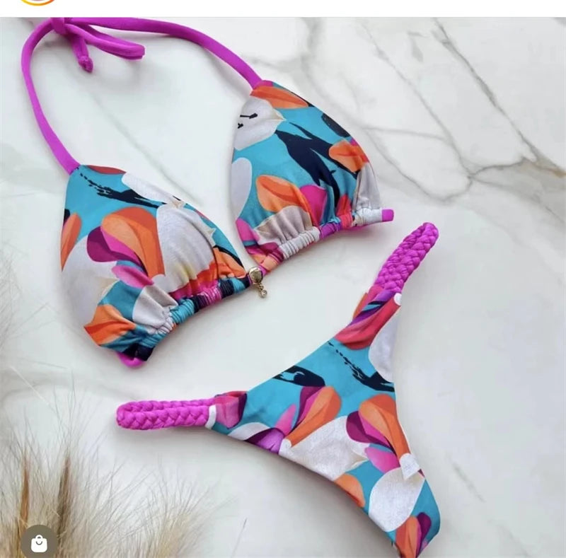 Women's Bikini Roped Swimsuit Set Split European And American Printed Beach Swimwear - The Clothing Company Sydney
