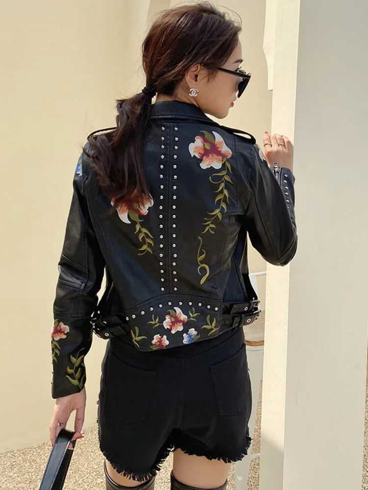 PU Leather Embroidered Rivet Coat Biker Streetwear Zipper Overcoat Women's Jackets Spring Clothes - The Clothing Company Sydney