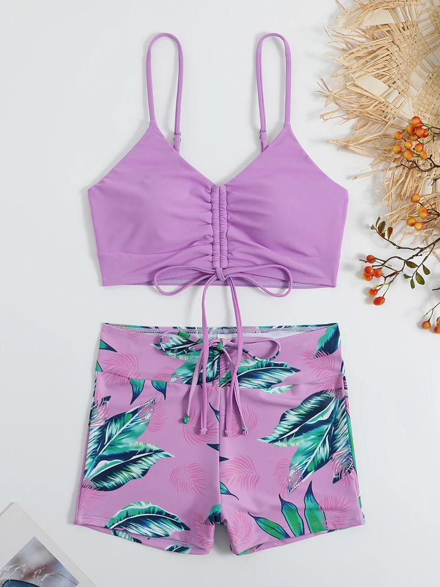 2 Piece Drawstring Front Shorts Bikinis High Waist Swimsuit Women Swimwear Bathers Bathing Swimming Swim Suit Beachwear - The Clothing Company Sydney