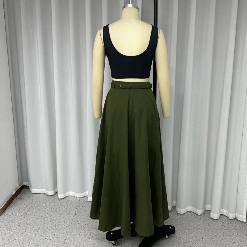 2 Piece Women's Solid Round Neck Sleeveless High Waist Vest Slim Top Loose With Pockets Zipper Long Skirt Matching Outfit Sets - The Clothing Company Sydney