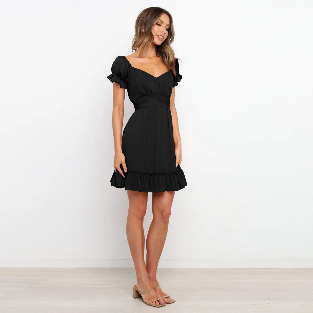 Summer Sundersses White Short Sleeve Ruffles Lace Up Folds Mini Dresses Bohemian Party Beach Dress The Clothing Company Sydney