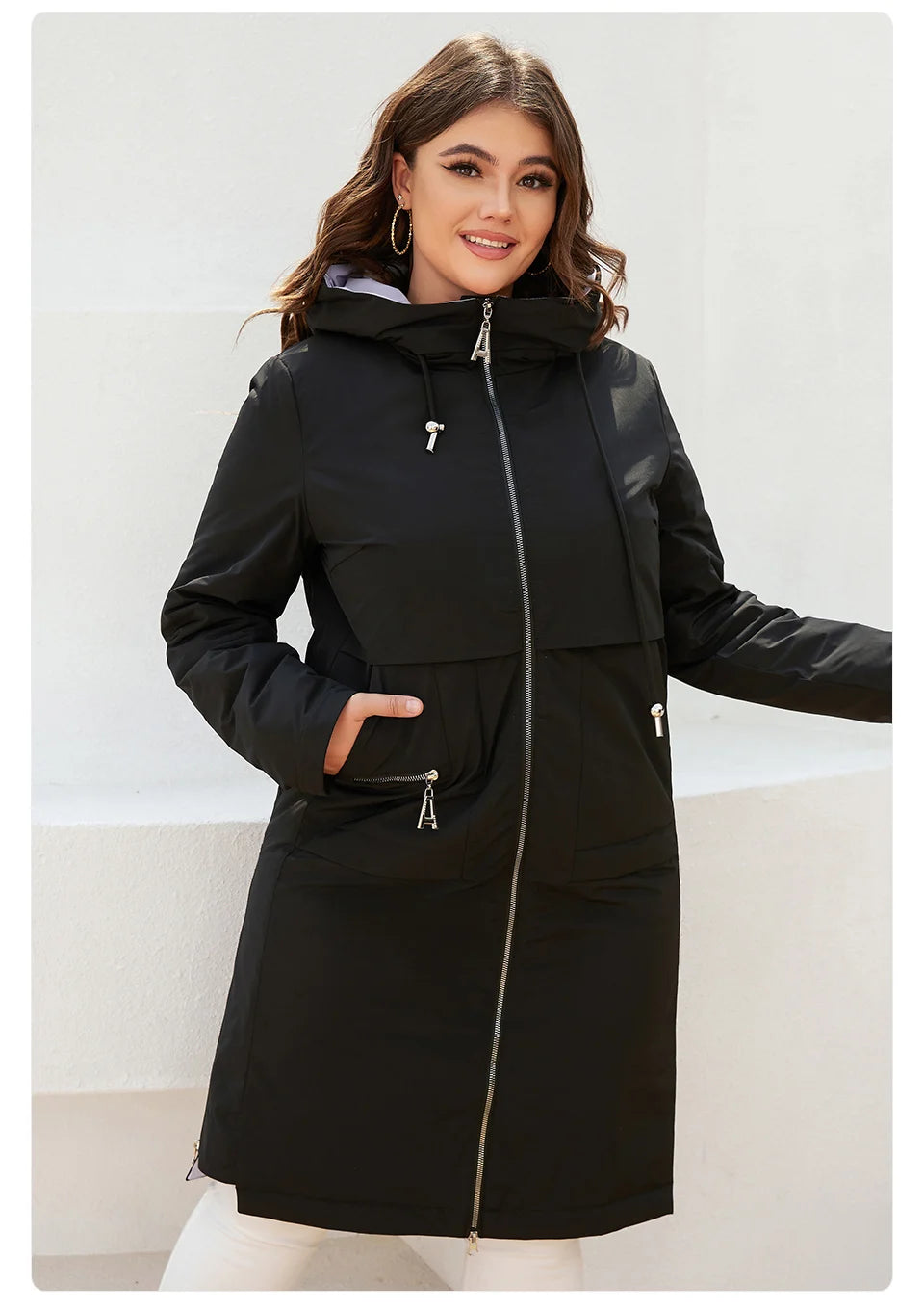 Women's jacket spring zipper long trench hooded outwear parka coat - The Clothing Company Sydney