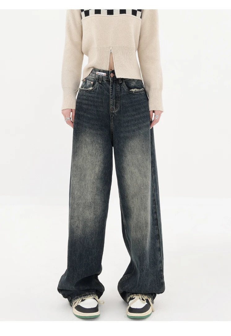 Women's Streetwear Retro High Waist Jeans Loose Wide Leg Denim Trousers Y2K Baggy Pants
