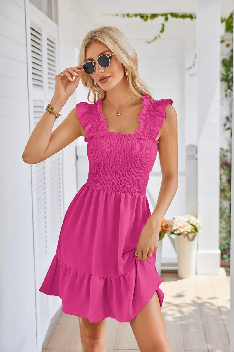 Womens Summer Casual Boho Sleeveless Backless Square Neck Smocked Ruffle Mini Dress A-Line Swing Sundress - The Clothing Company Sydney