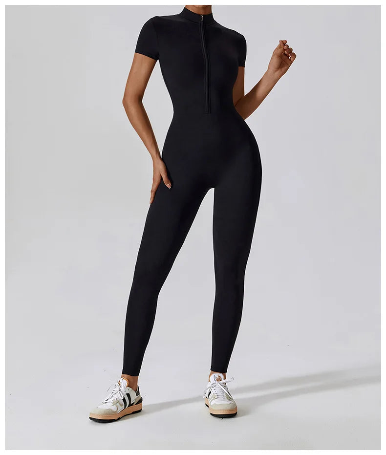 Women Zipper Short Sleeve Active Suit Dance Fitness Sportwear Tight Open Collar Yoga Jumpsuits - The Clothing Company Sydney