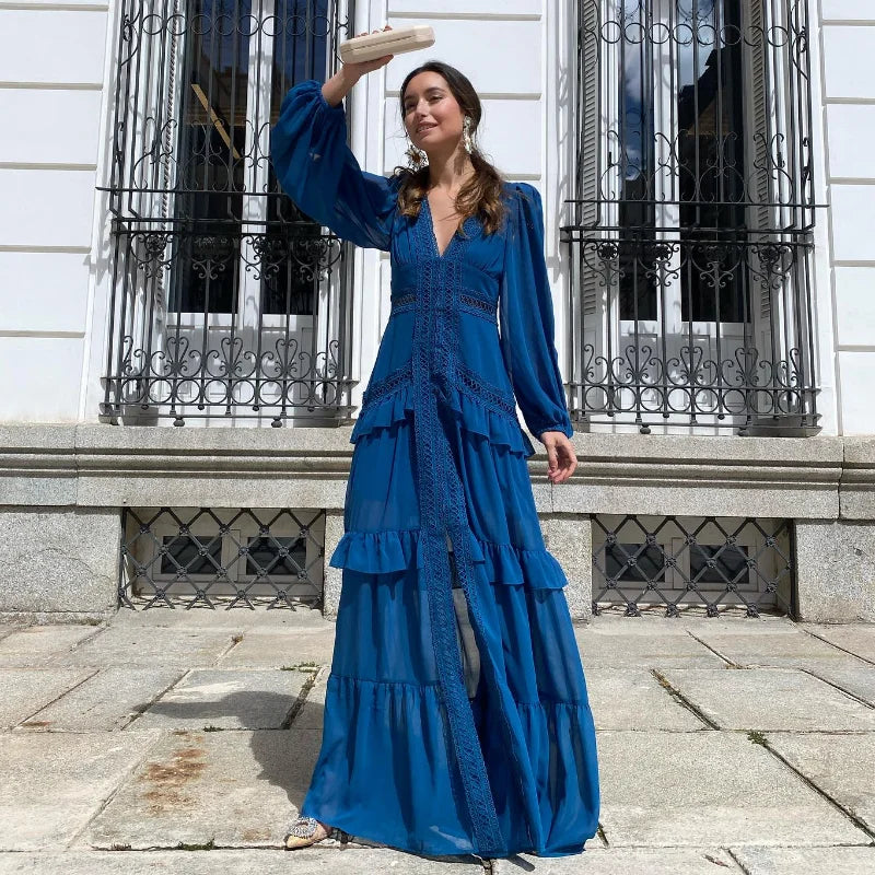 Women V-neck Lantern Long Sleeves Maxi Dress Elegant Patchwork Ruffles Hollow Lace Slim Summer Dress - The Clothing Company Sydney